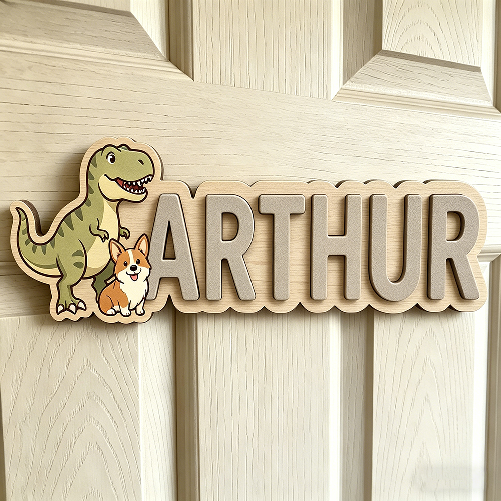 Baby Nursery Neutral - Whimsical Dinosaur & Puppy Custom Name