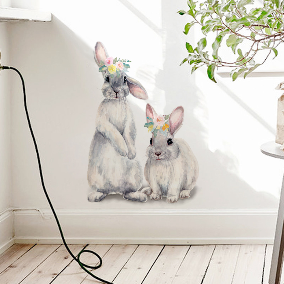 Baby Nursery Wallpaper Girl - Watercolor Grey Baby Rabbits Floral Decals