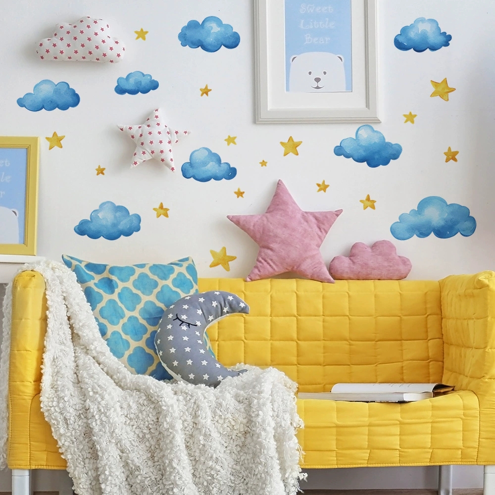 Baby Nursery Mural Wallpaper - Hand Painted Clouds Stars Wall Sticker