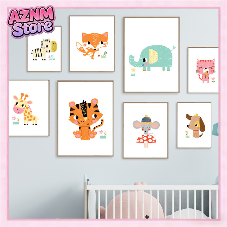 Baby Nursery Zoo Animals - Cartoon Baby Animal Nursery Wall Art