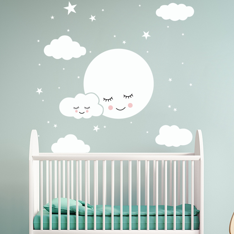 White Cartoon Smiling Cloud St - Baby Nursery Mural Wallpaper avis et prix