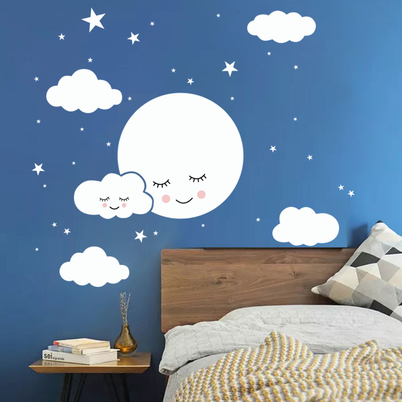 White Cartoon Smiling Cloud St - Baby Nursery Mural Wallpaper avis et prix