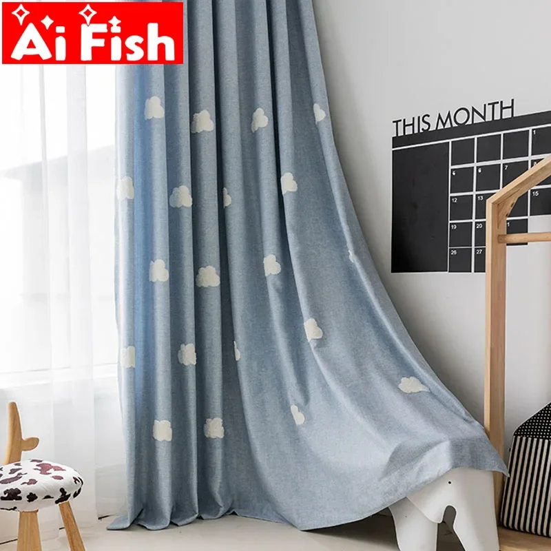 Embroidered Cloud Blue Curtain - Baby Nursery Curtains avis et prix