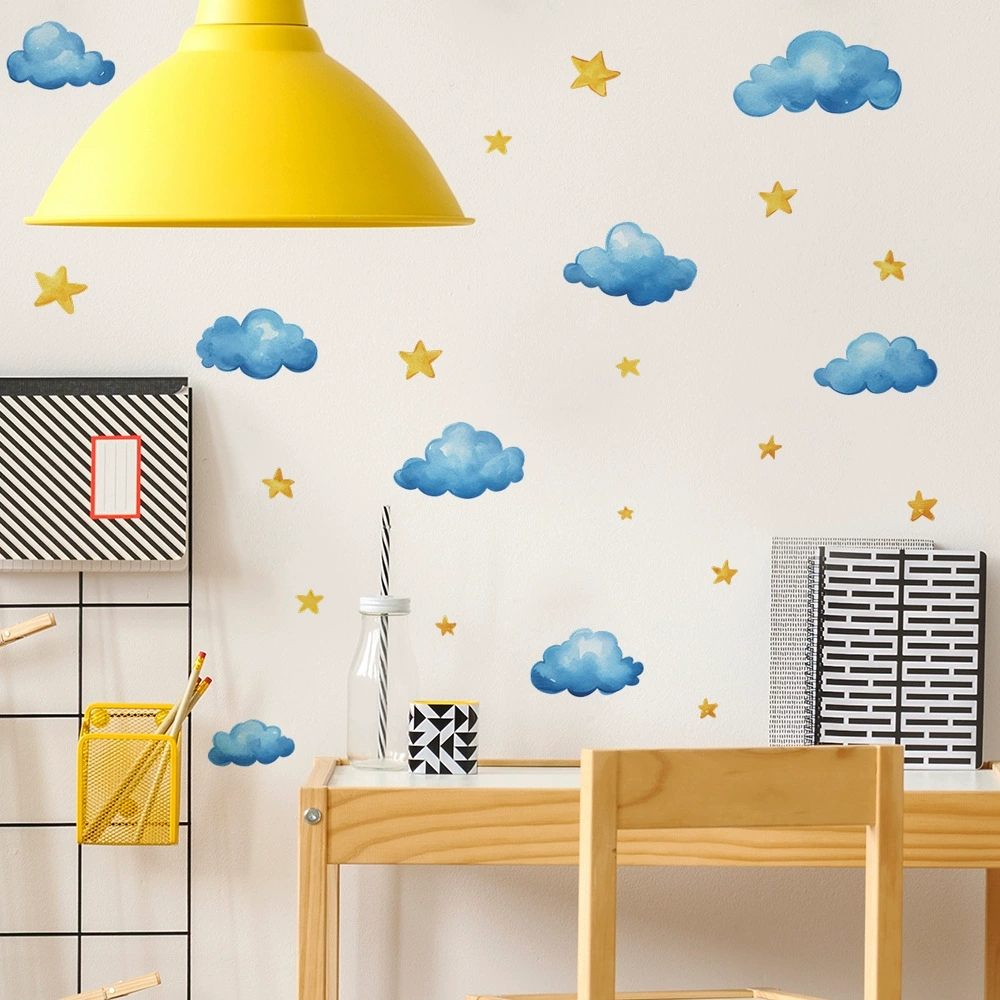 Hand Painted Clouds Stars Wall - Baby Nursery Mural Wallpaper avis et prix
