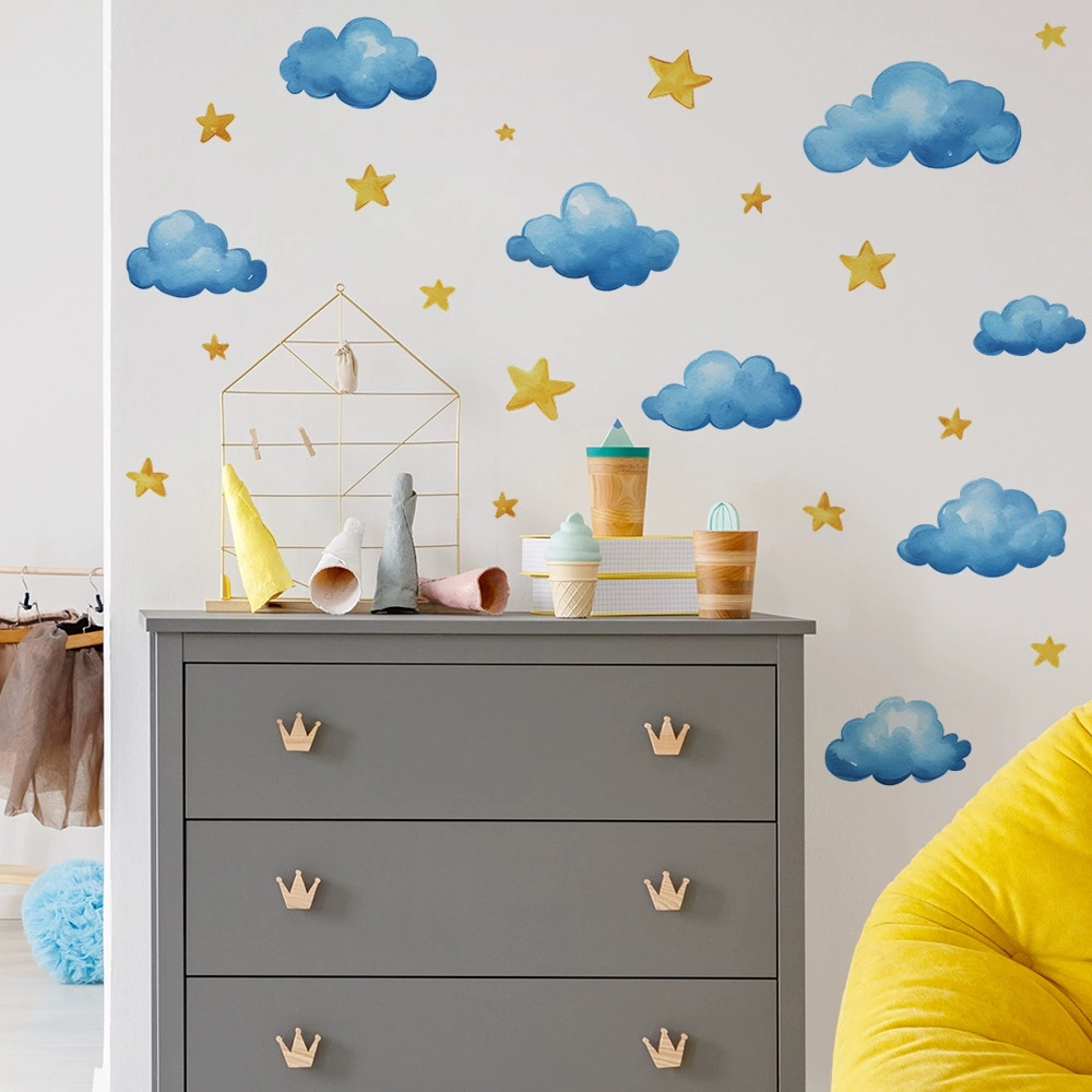 Hand Painted Clouds Stars Wall - Baby Nursery Mural Wallpaper avis et prix