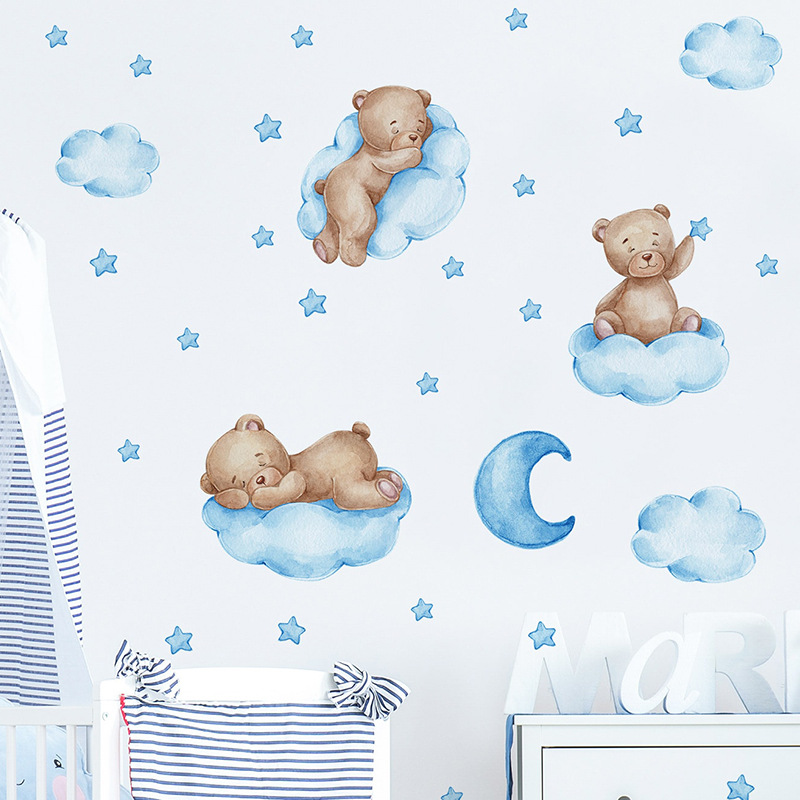Cartoon Blue Teddy Bear Moon W - Baby Nursery Wallpaper Girl avis et prix