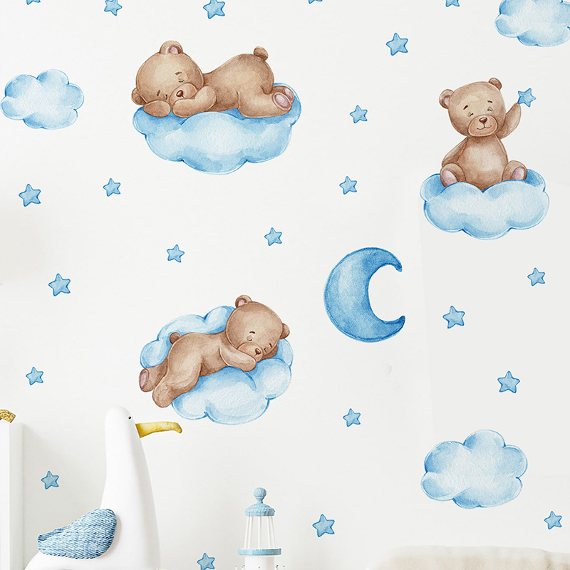 Cartoon Blue Teddy Bear Moon W - Baby Nursery Wallpaper Girl avis et prix