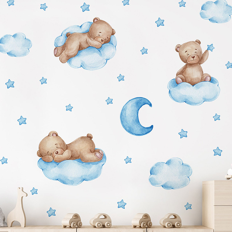 Cartoon Blue Teddy Bear Moon W - Baby Nursery Wallpaper Girl avis et prix