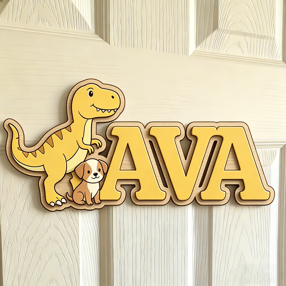 Custom T-Rex & Puppy Kids Name - Baby Nursery Neutral avis et prix