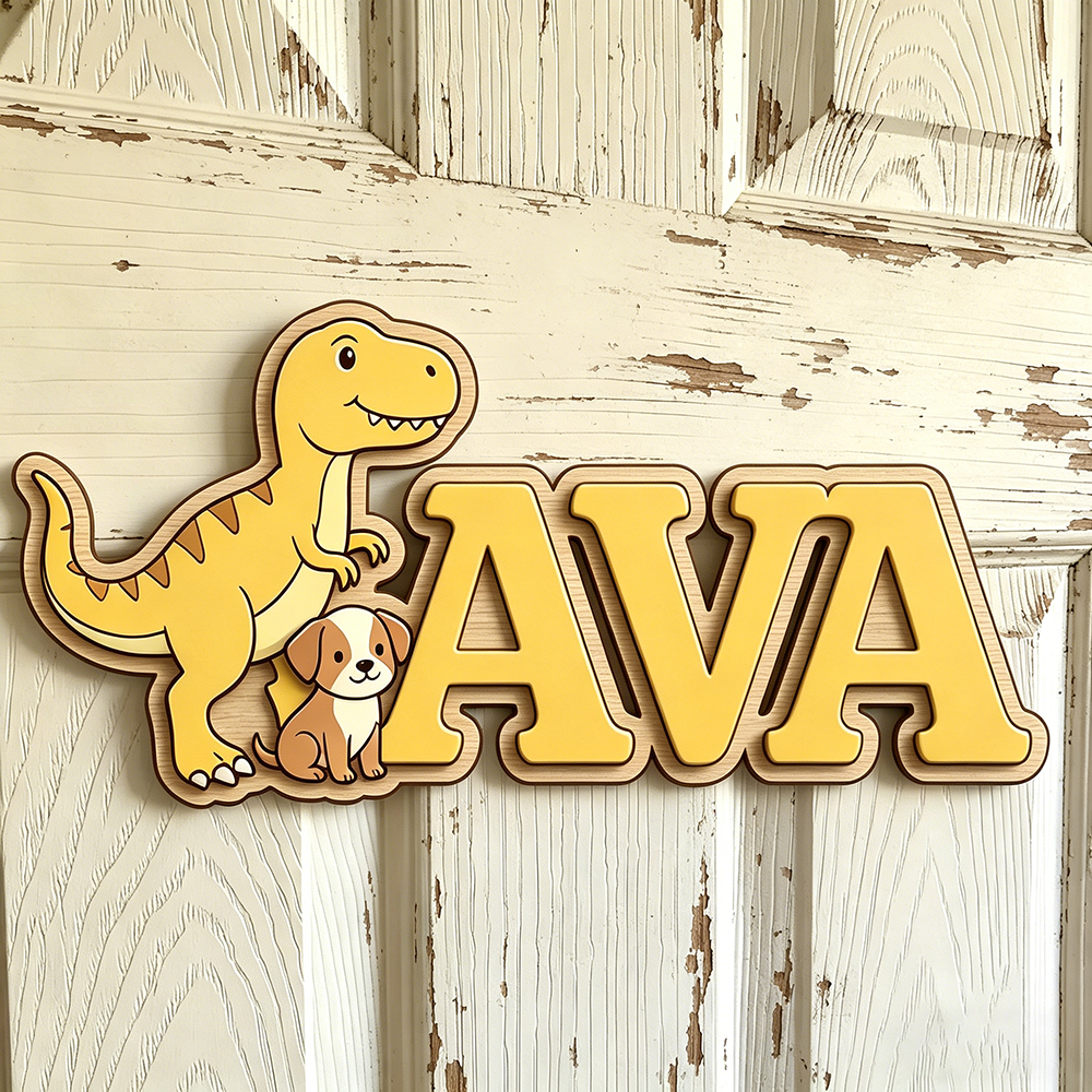 Custom T-Rex & Puppy Kids Name - Baby Nursery Neutral avis et prix