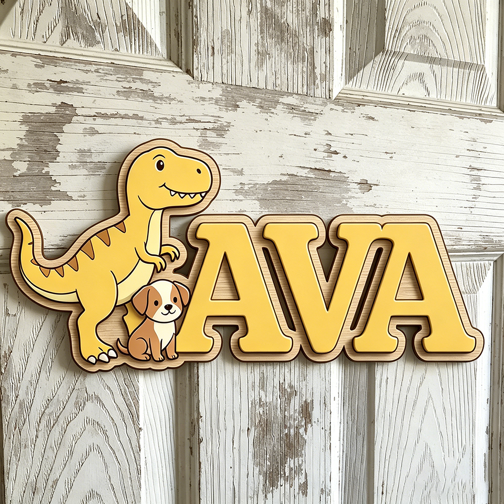 Custom T-Rex & Puppy Kids Name - Baby Nursery Neutral avis et prix