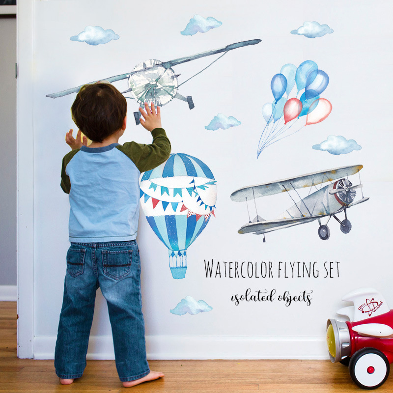 Watercolor Airplane Hot Air Ba - Baby Nursery Mural Wallpaper avis et prix
