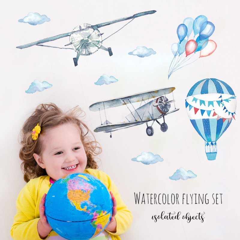 Watercolor Airplane Hot Air Ba - Baby Nursery Mural Wallpaper avis et prix