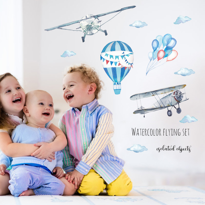 Watercolor Airplane Hot Air Ba - Baby Nursery Mural Wallpaper avis et prix